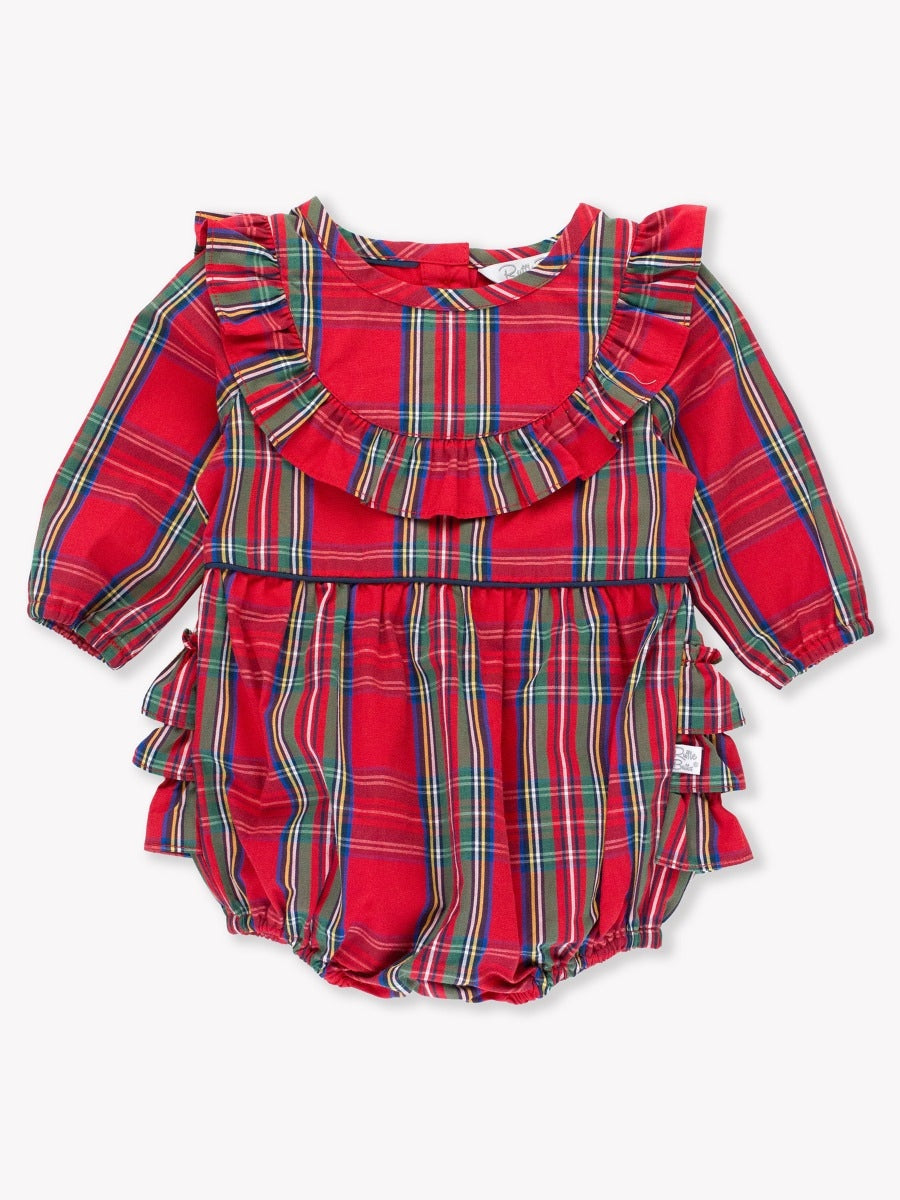 Long Sleeve Ruffle Trim Bubble Romper Tis The Season Plaid