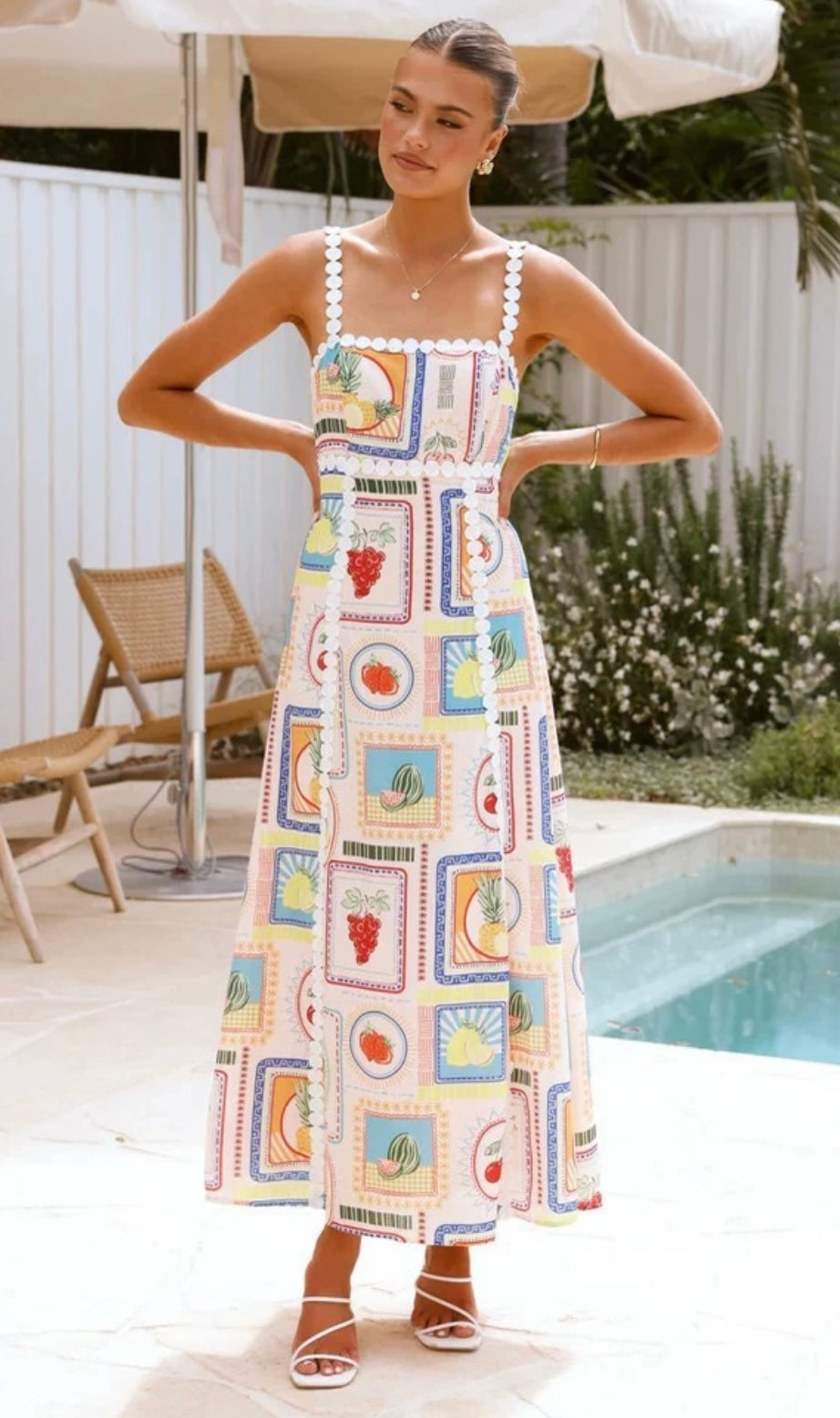 chinese dress ladies Vacation Graffiti Print fruit Patchwork Contrast Square Neck Sling Dresses Multicolor / M