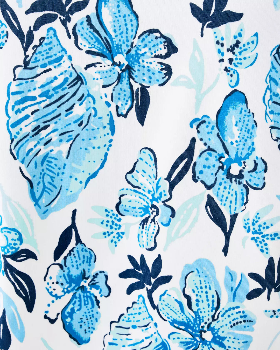 Pattern of blue flowers and shells on a white background