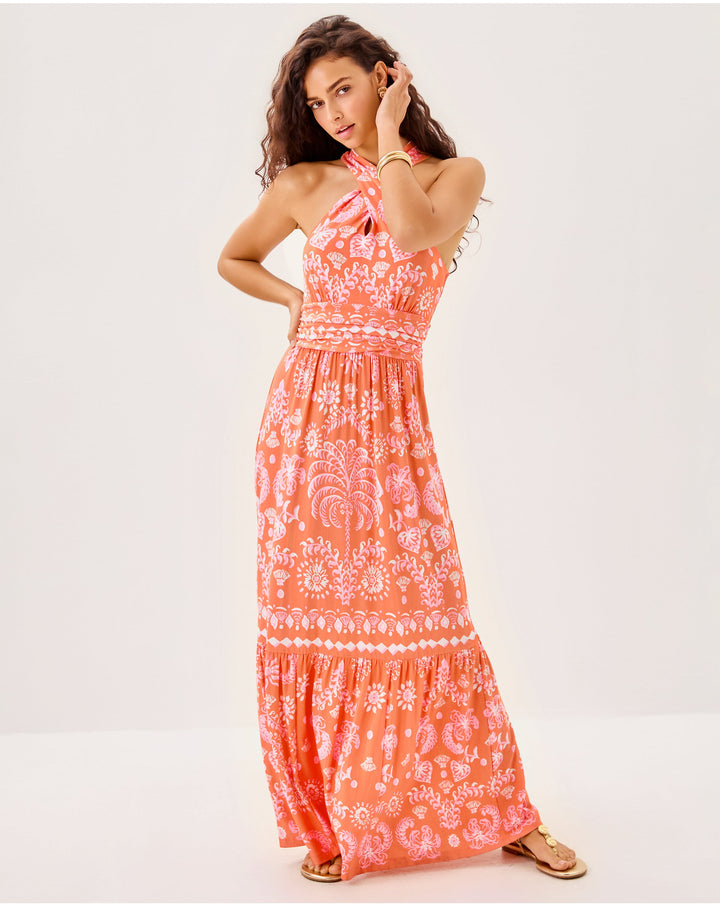 Montecito Halter Maxi Dress - Papaya Breezy Palm