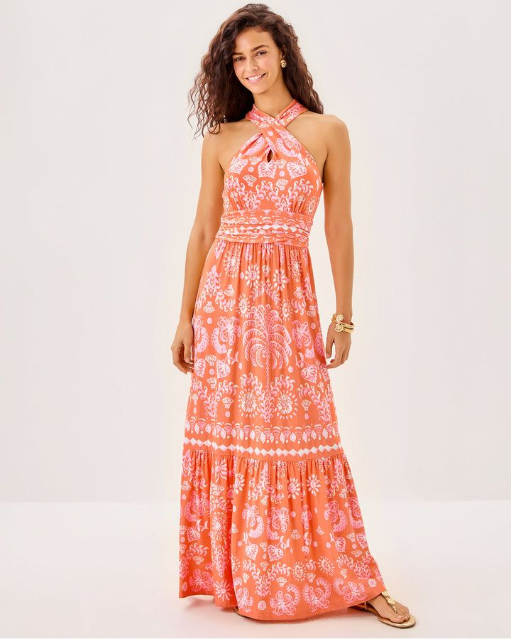 Montecito Halter Maxi Dress - Papaya Breezy Palm
