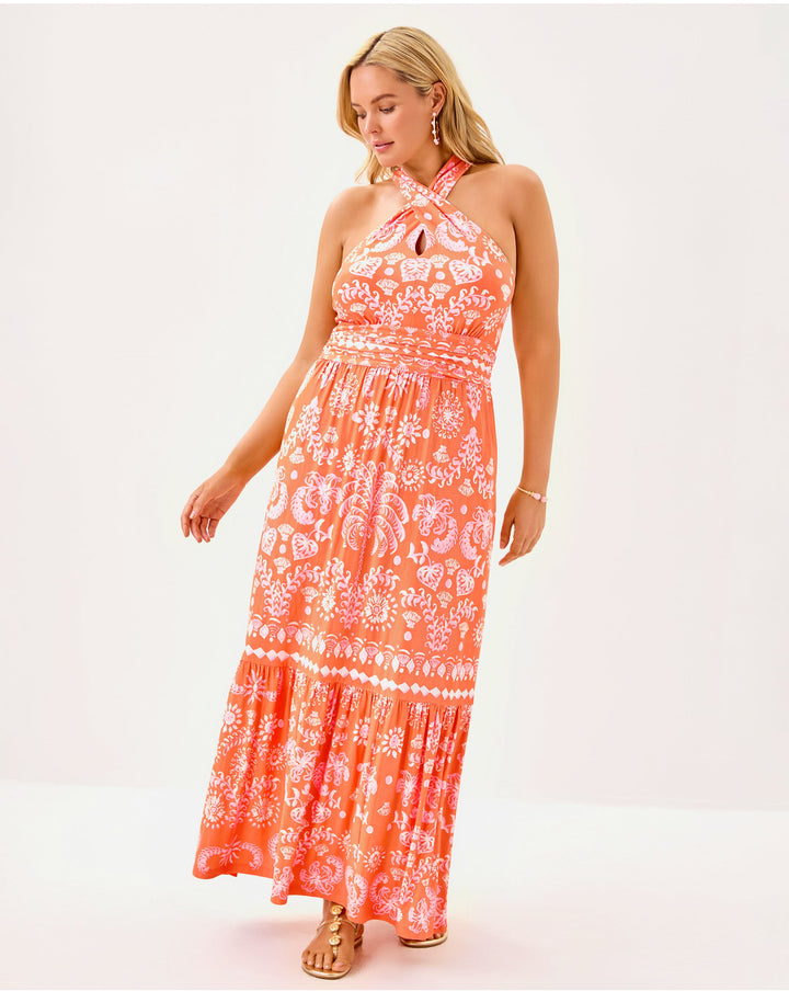 Montecito Halter Maxi Dress - Papaya Breezy Palm