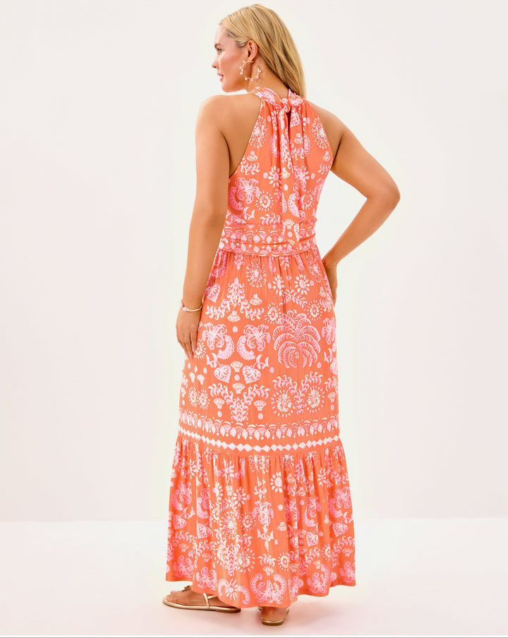 Montecito Halter Maxi Dress - Papaya Breezy Palm