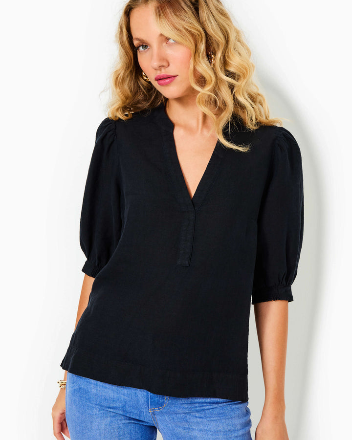 Mialeigh Elbow Sleeve Linen Top - Noir X Noir