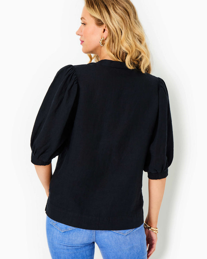 Mialeigh Elbow Sleeve Linen Top - Noir X Noir