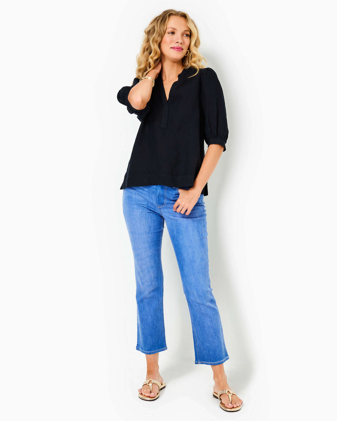 Mialeigh Elbow Sleeve Linen Top - Noir X Noir