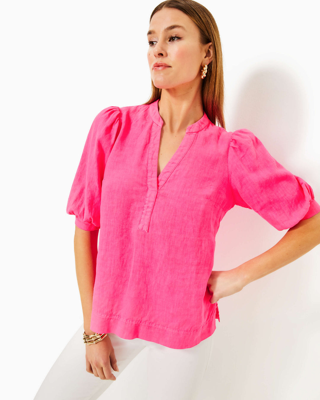 Mialeigh Elbow Sleeve Linen Top - Passion Fruit Pink