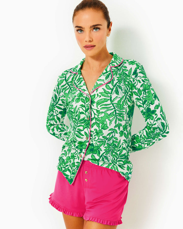 Pajama Knit Button-Up Top - Fiddle Leaf Green Lil Escape Plan