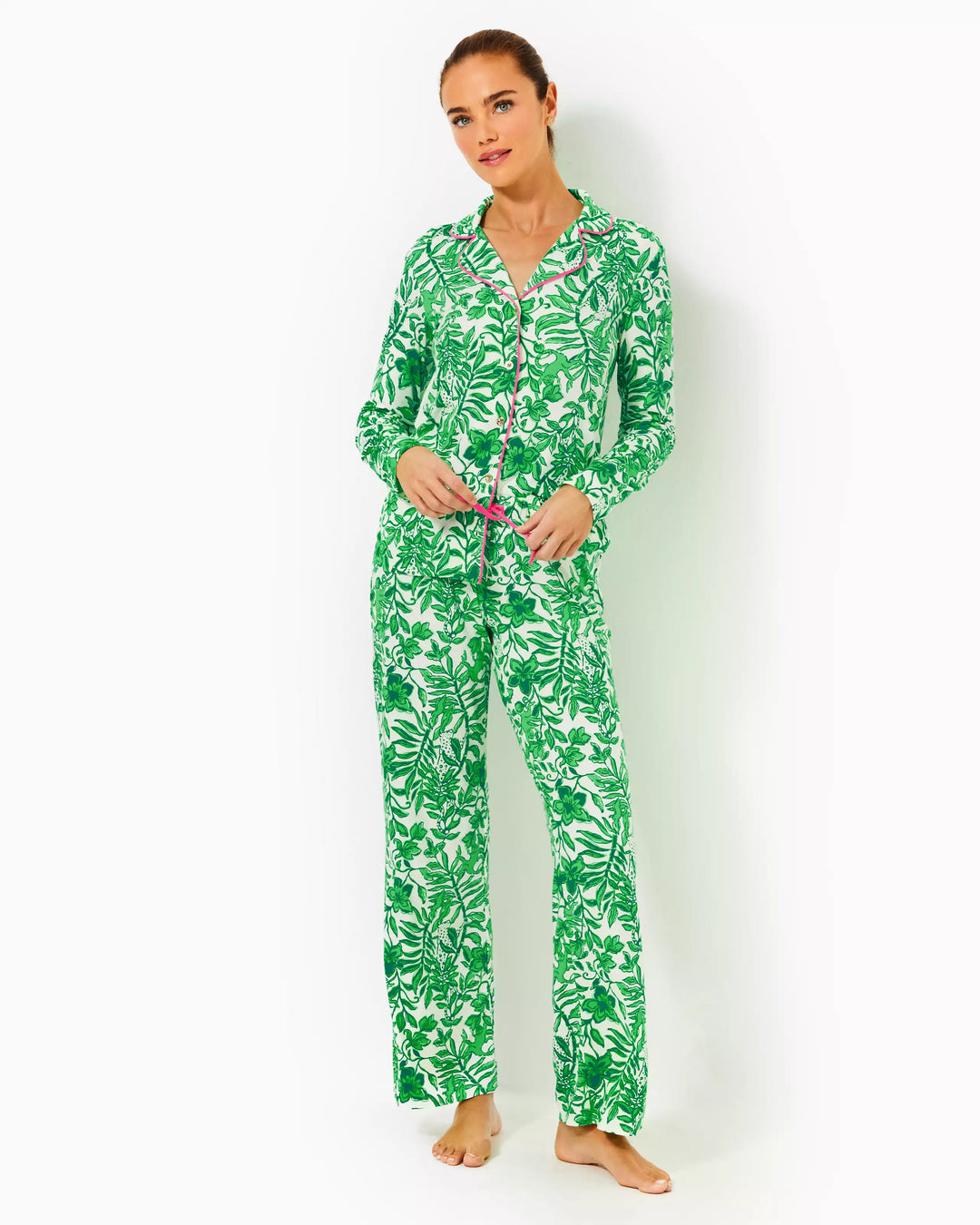 Pajama Knit Button-Up Top - Fiddle Leaf Green Lil Escape Plan