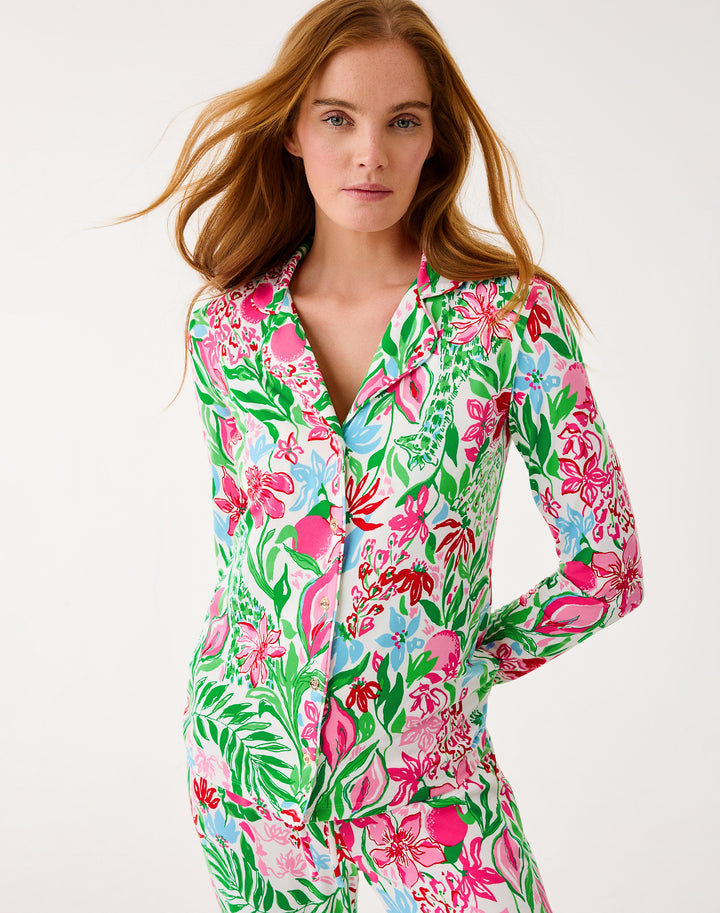Pajama Knit Longsleeve Button-up Top - Multi Glowing Gardens