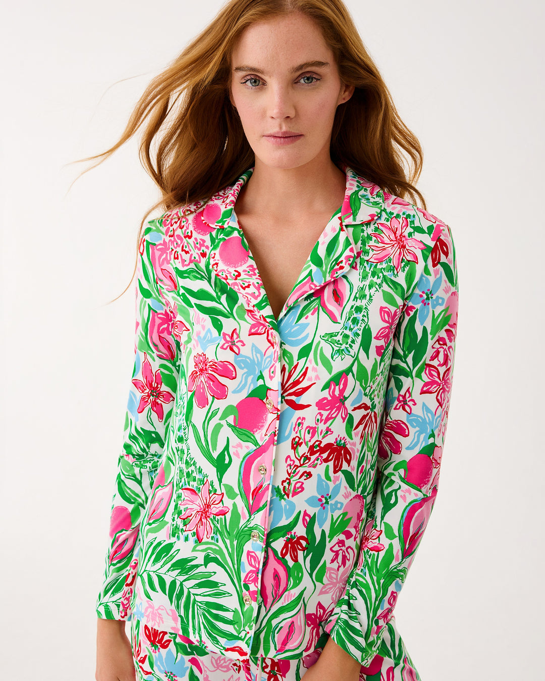 Pajama Knit Longsleeve Button-up Top - Multi Glowing Gardens