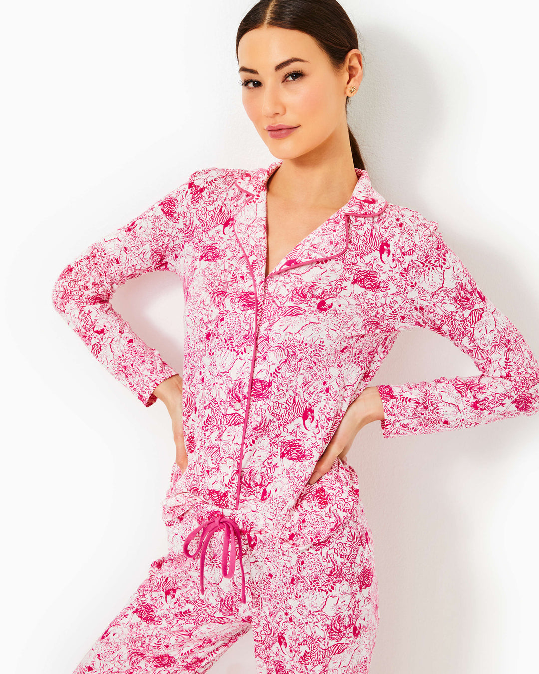 Pajama Knit Button-Up Top - Raspberry Rouge Animal Magnetism