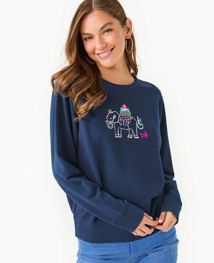 Ballad Cotton Sweatshirt - Low Tide Navy Holiday Elephant Embroidery