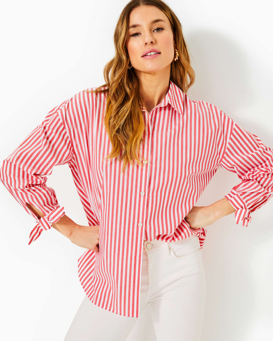 Lesia Relaxed Button Down Shirt - Rococo Red Cabana Stripe