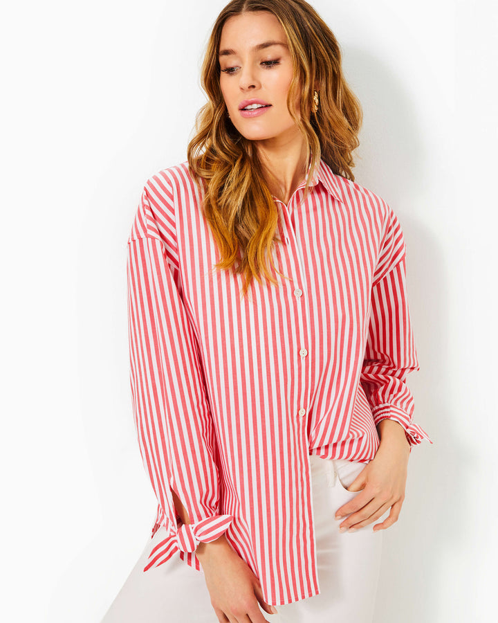 Lesia Relaxed Button Down Shirt - Rococo Red Cabana Stripe