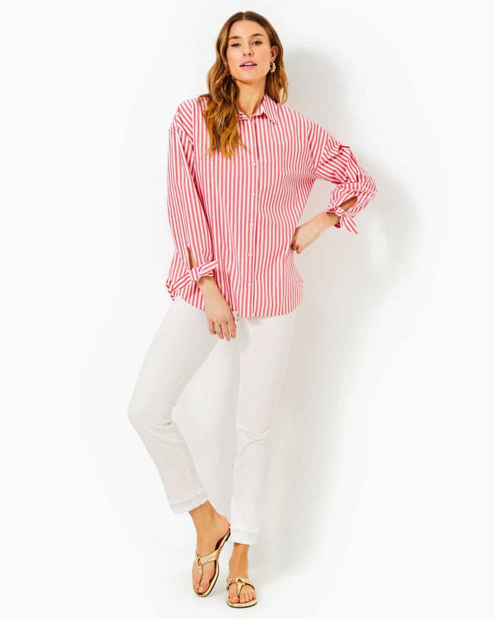 Lesia Relaxed Button Down Shirt - Rococo Red Cabana Stripe