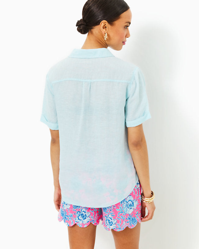 Lynnie Button Down Linen Top - Hydra Blue x Resort White