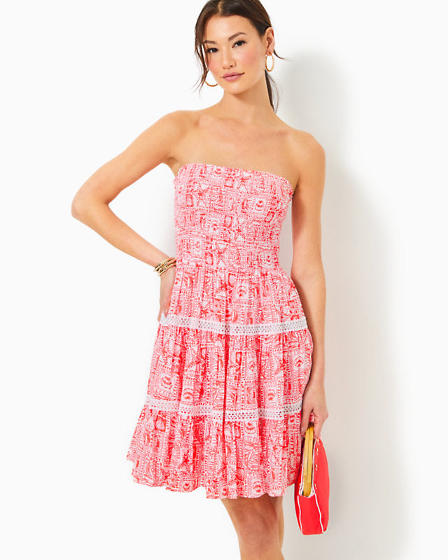 Kelvina Strapless Smocked Dress - Mizner Red