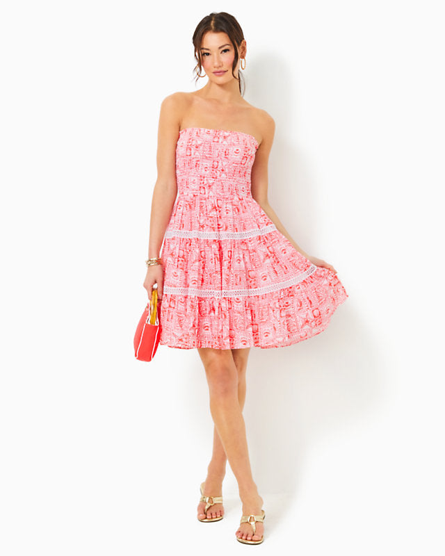 Kelvina Strapless Smocked Dress - Mizner Red