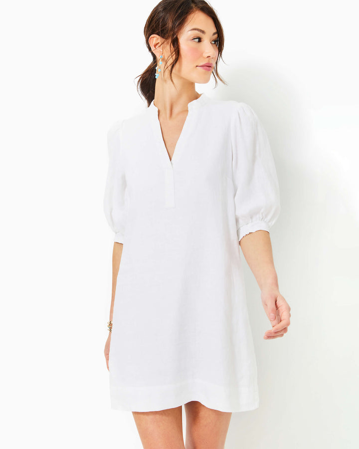 Mialeigh Elbow Sleeve Linen Dress - Resort White