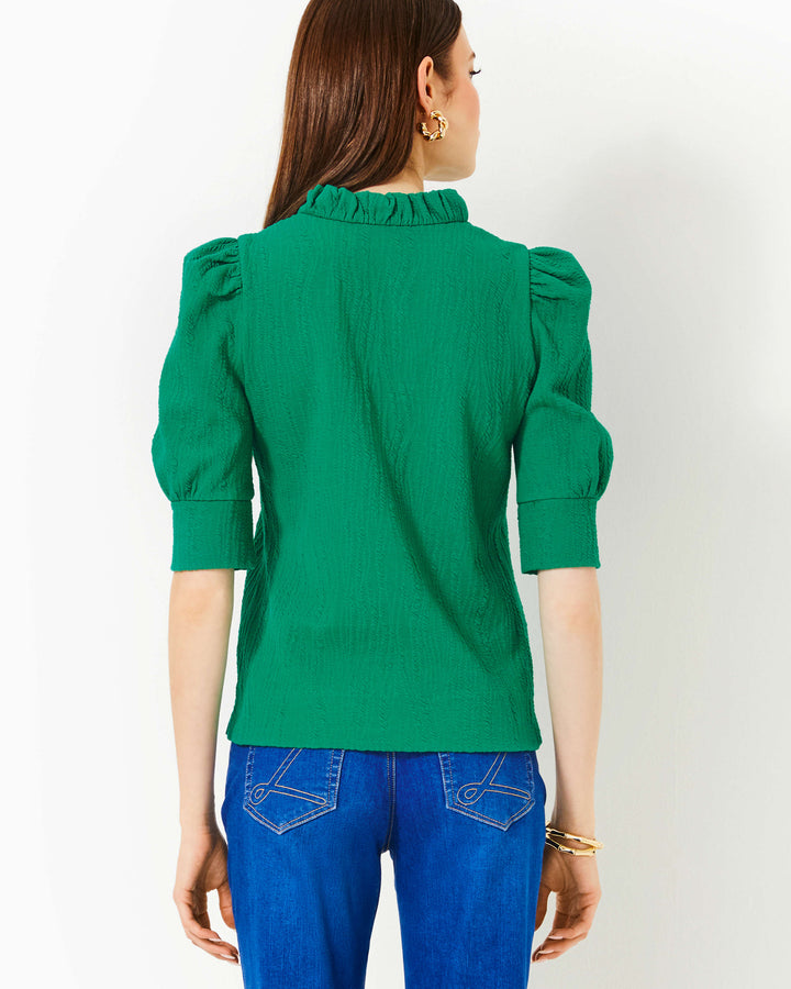 Elsey Ruffle Knit Top - Fiddle Leaf Green Wavy Knit Jacquard