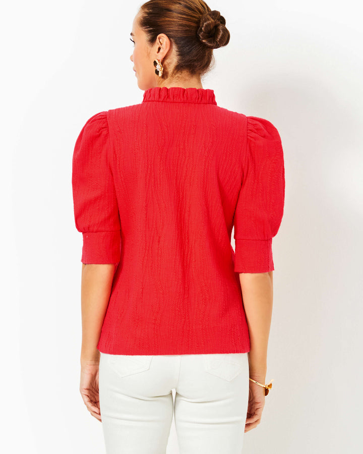 Elsey Ruffle Knit Top - Rococo Red Wavy Knit Jacquard