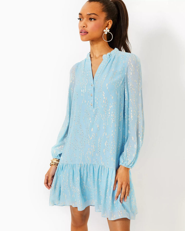 Evaline Silk Dress - Bonaire Blue Fish Clip Chiffon