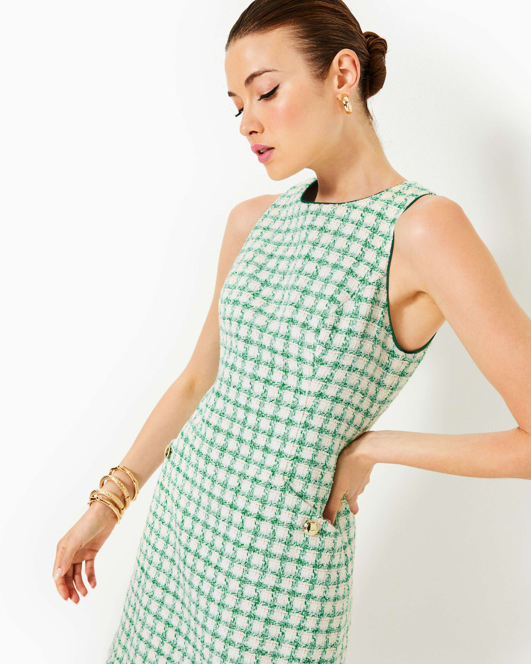 Augustus Boucle Shift Dress - Fiddle Leaf Green Windowpane Boucle