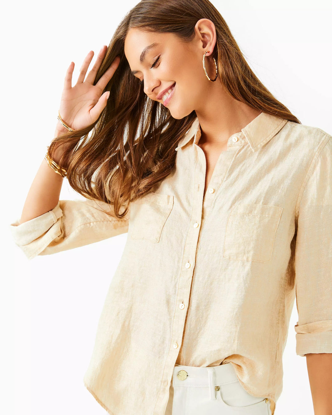 Sea View Metallic Button Down Top - Gold Foiled Sandbar X Resort White