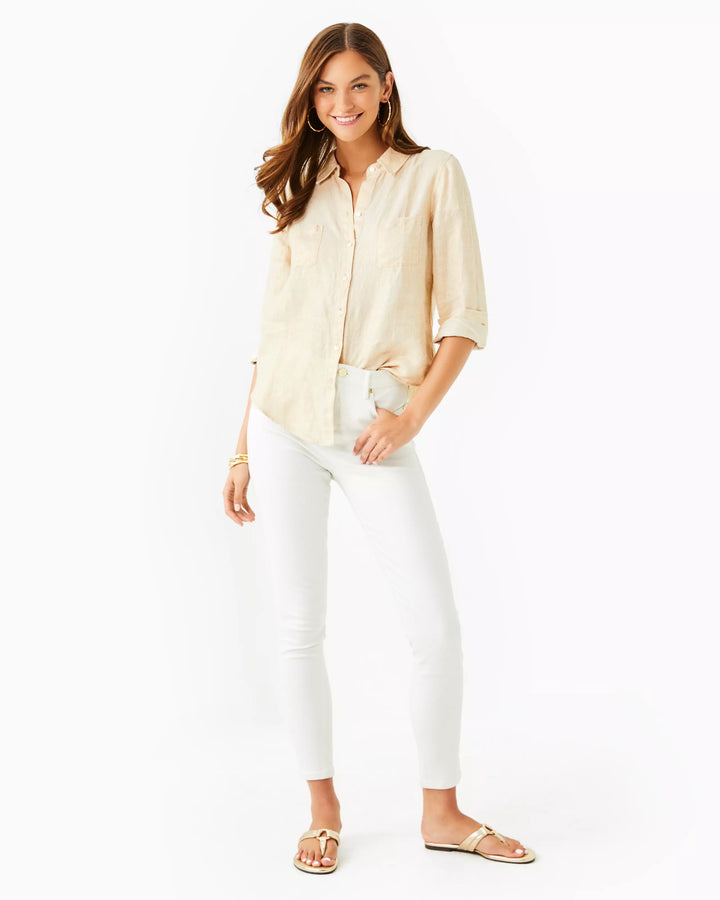 Sea View Metallic Button Down Top - Gold Foiled Sandbar X Resort White