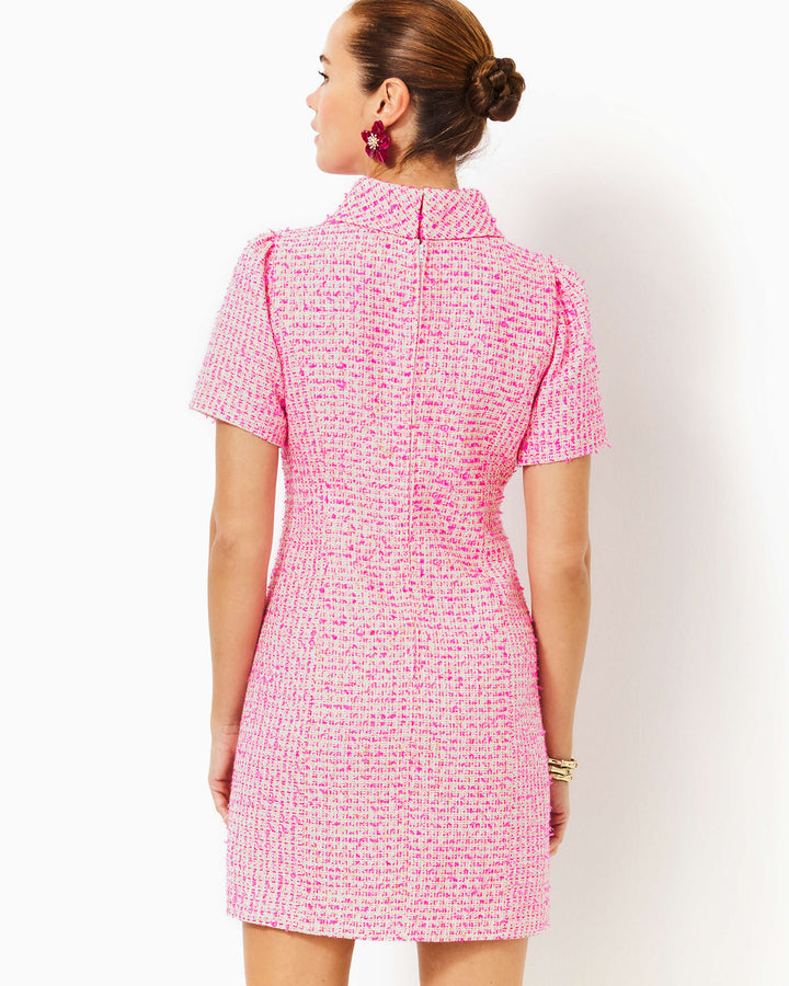 Tiessa Short Sleeve Boucle Shift Dress - Pink Palms