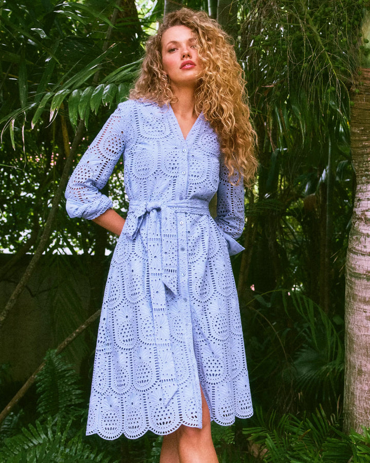 Eira Midi Shirtdress -  Jacaranda Blue Pineapple Tile Eyelet