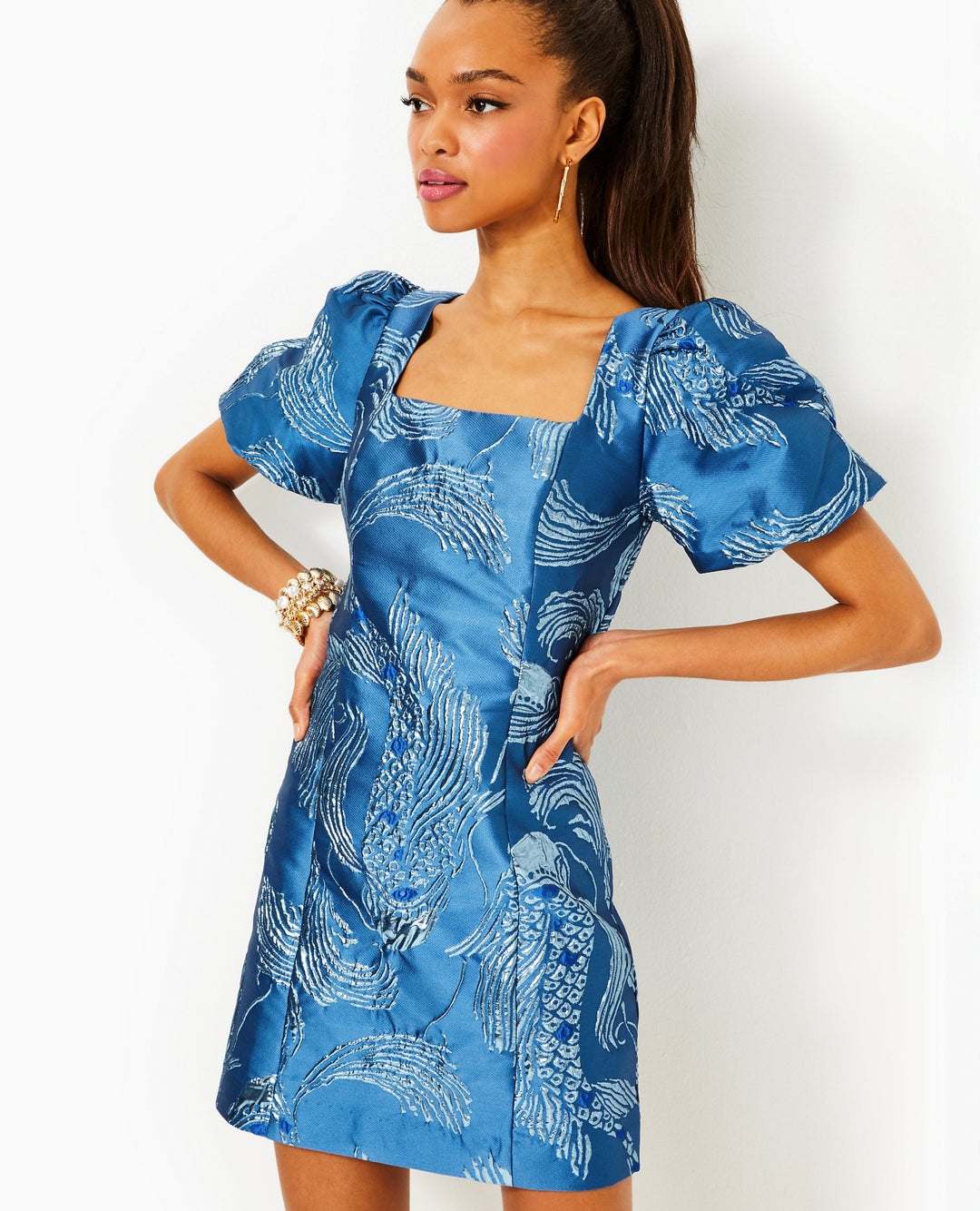 Booker Skirted Romper - Low Tide Navy Dancing Koi Metallic Jacquard