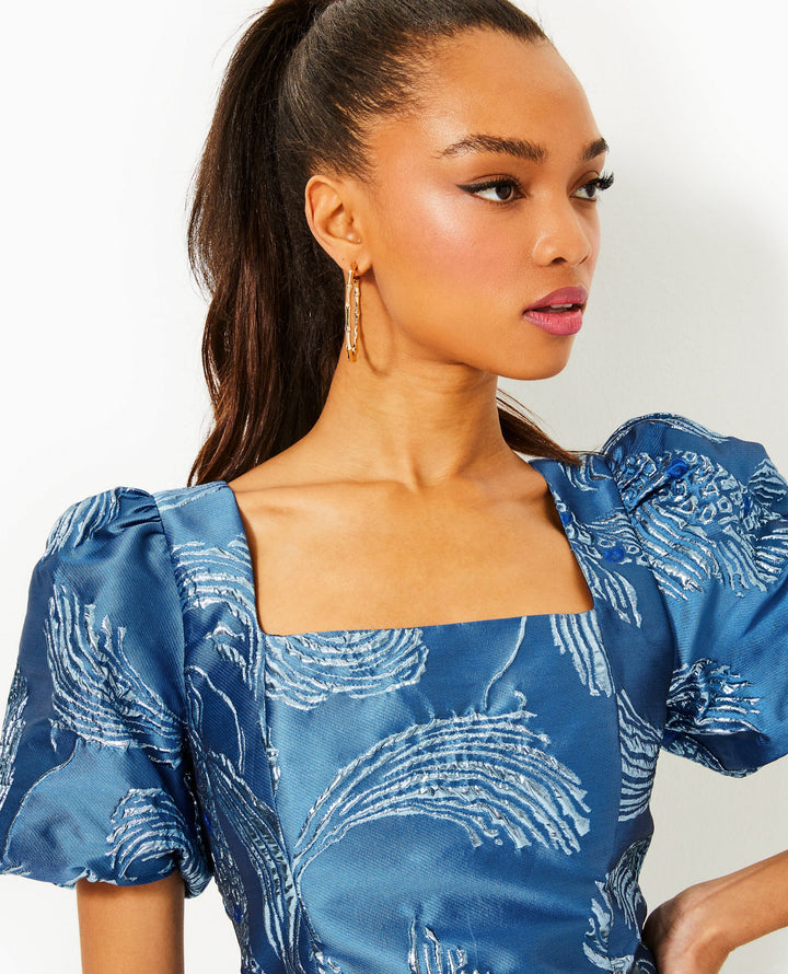 Booker Skirted Romper - Low Tide Navy Dancing Koi Metallic Jacquard