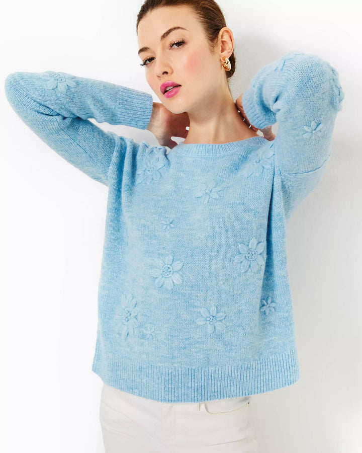 Elizabelle Sweater - Heathered Bonaire Blue Coastal Flowers