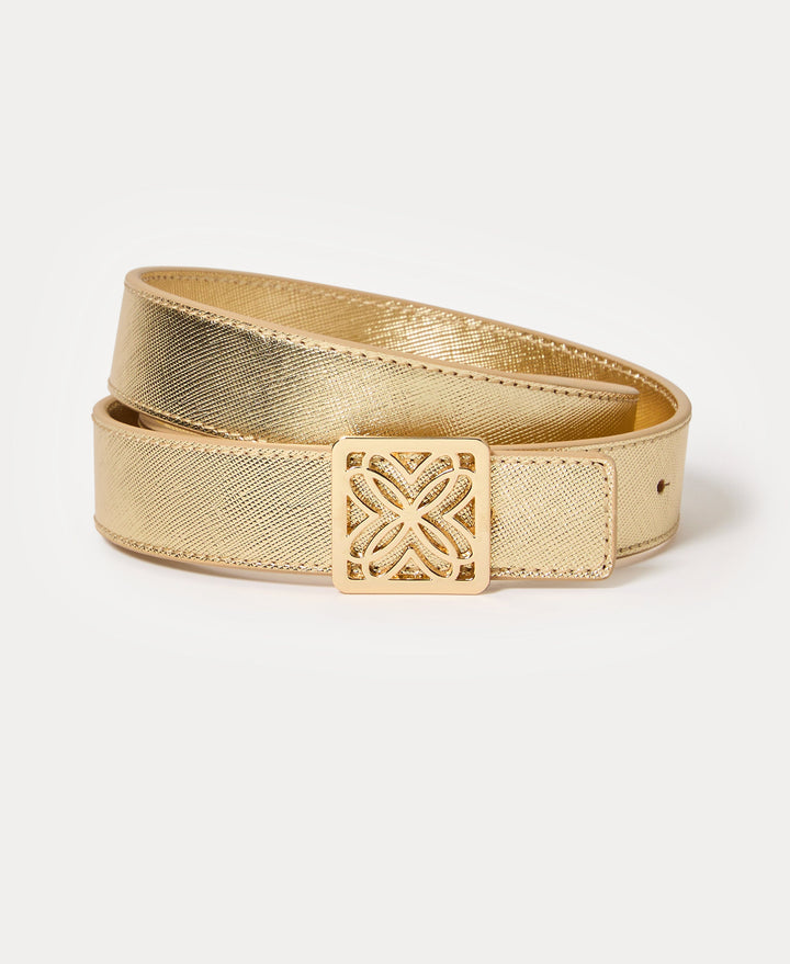 Skinny Leather Logo Belt - Gold Metallic