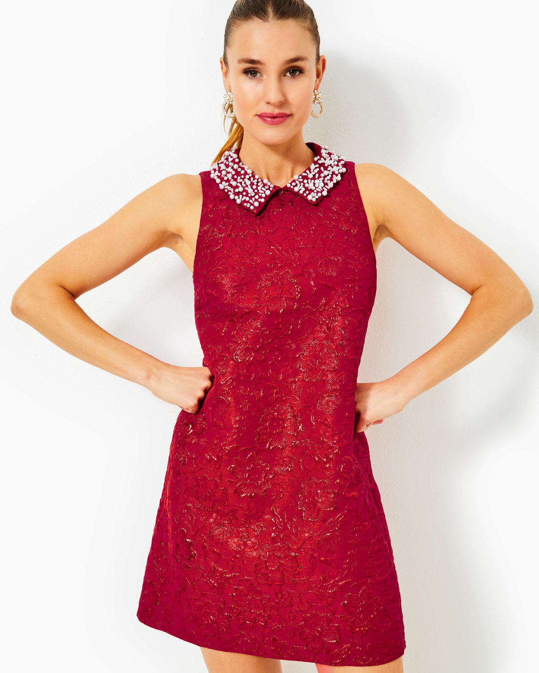 Kelliana Shift Dress - Malbec Red Blooming Brocade