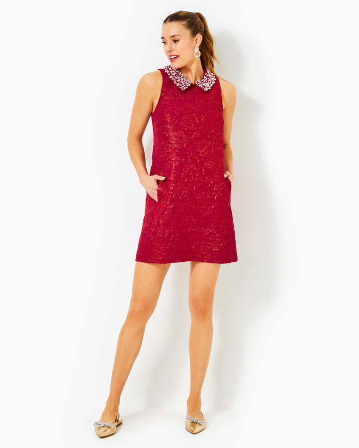 Kelliana Shift Dress - Malbec Red Blooming Brocade