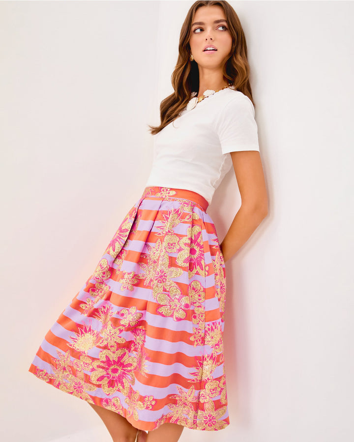 Lauderdale Midi Skirt - Papaya Metallic Floral Stripe Jacquard