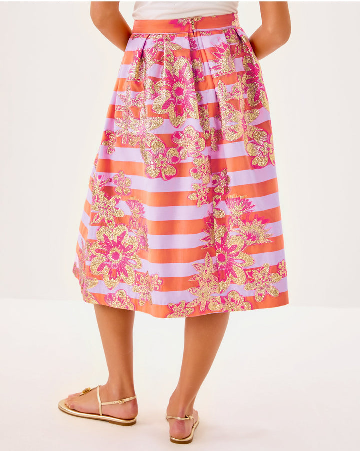 Lauderdale Midi Skirt - Papaya Metallic Floral Stripe Jacquard