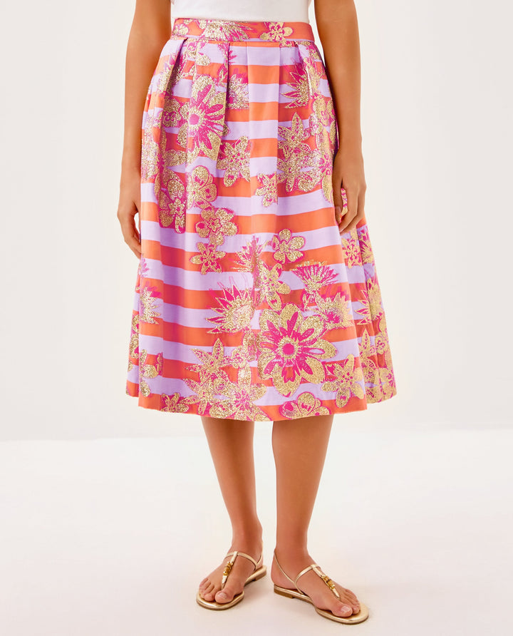 Lauderdale Midi Skirt - Papaya Metallic Floral Stripe Jacquard