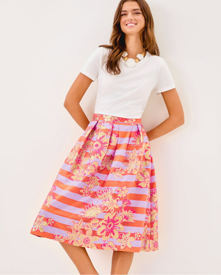 Lauderdale Midi Skirt - Papaya Metallic Floral Stripe Jacquard