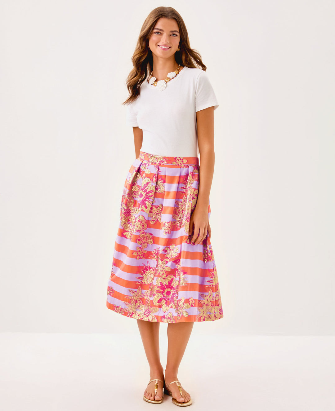 Lauderdale Midi Skirt - Papaya Metallic Floral Stripe Jacquard