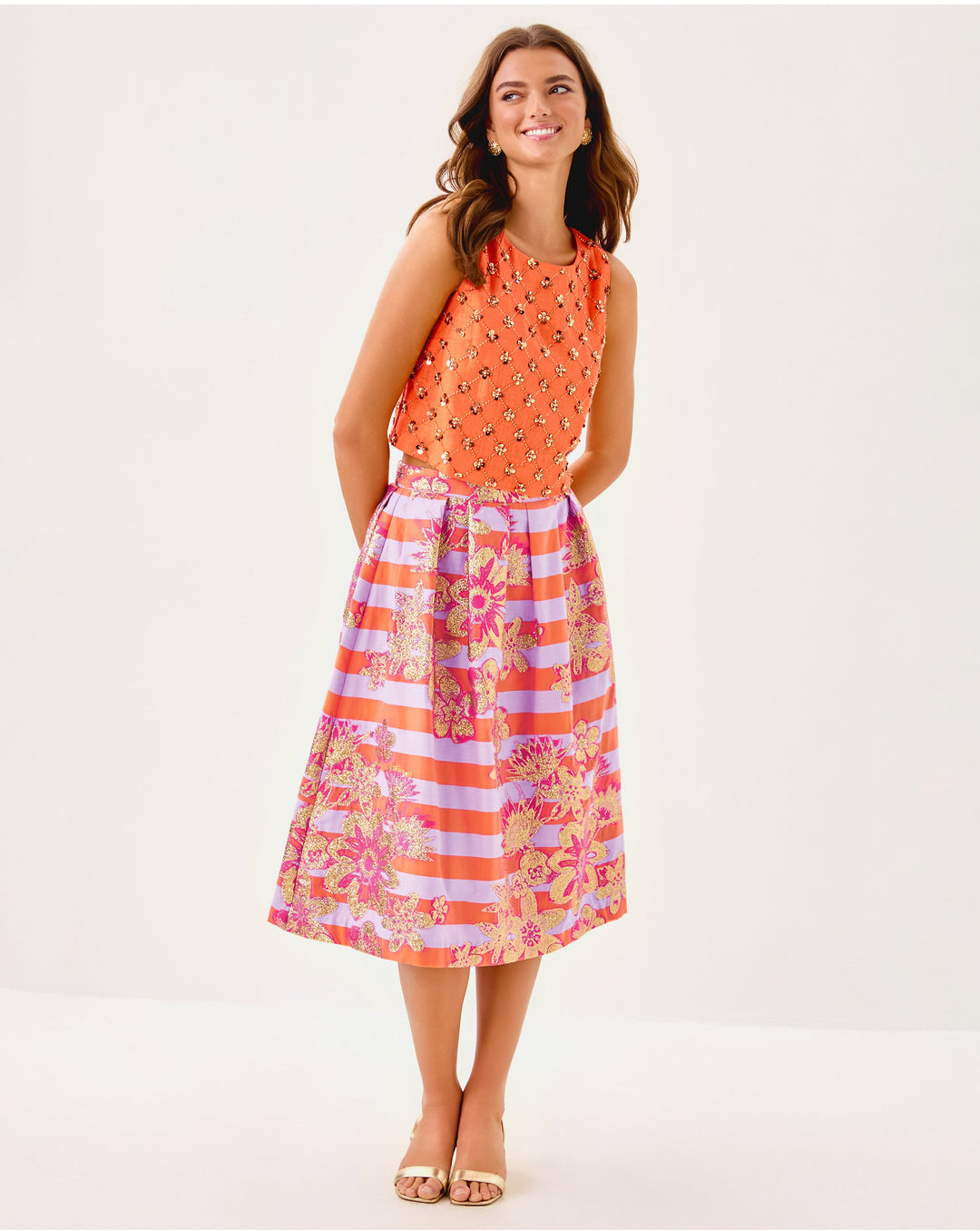 Lauderdale Midi Skirt - Papaya Metallic Floral Stripe Jacquard