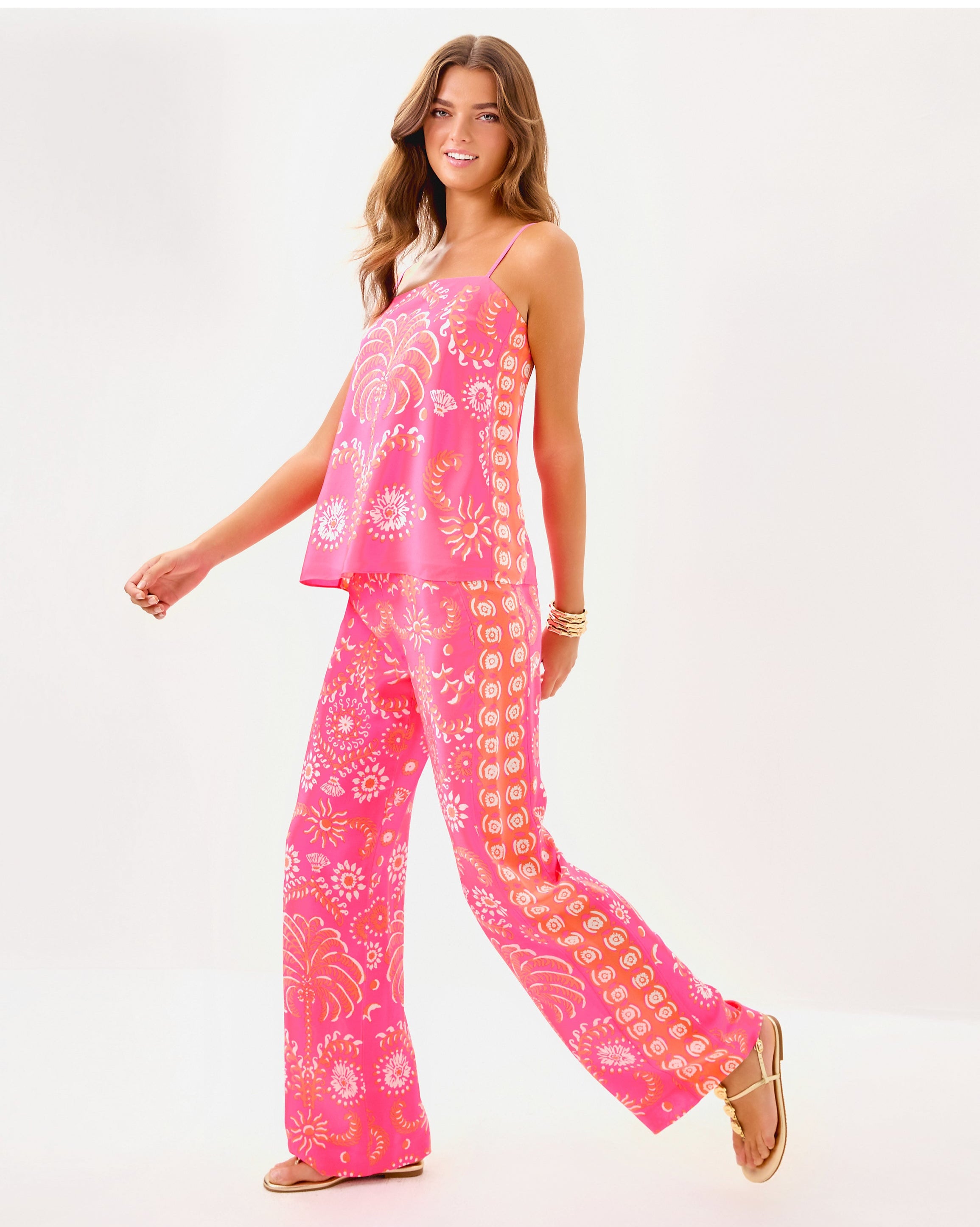 Vianna Silk Palazzo Pant - Sunkissed Pink Breezy Palm – Peppermint