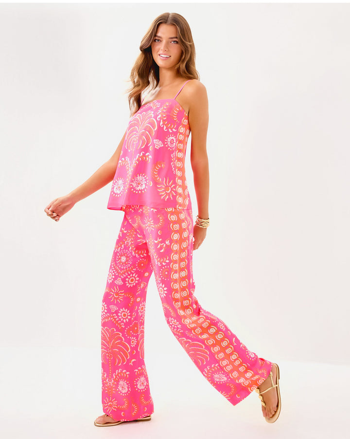 Vianna Silk Palazzo Pant - Sunkissed Pink Breezy Palm