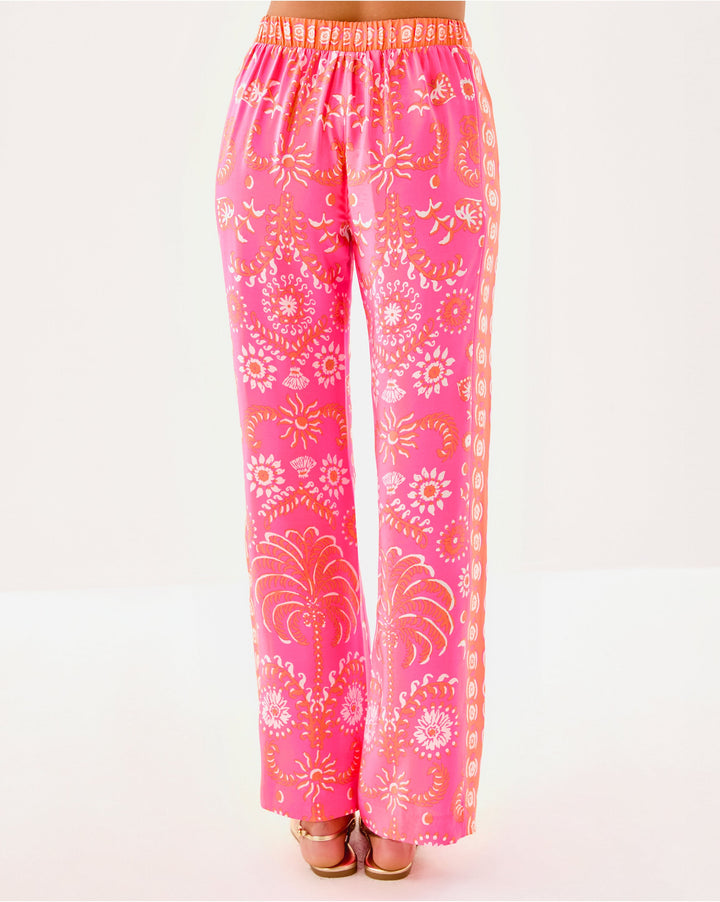 Vianna Silk Palazzo Pant - Sunkissed Pink Breezy Palm
