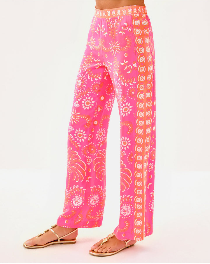Vianna Silk Palazzo Pant - Sunkissed Pink Breezy Palm