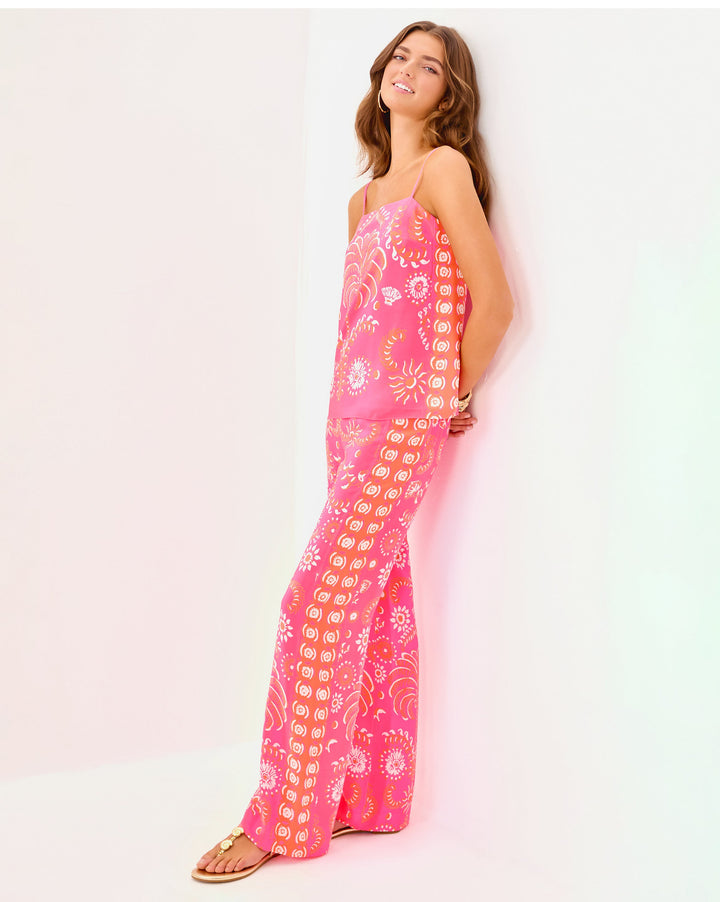 Vianna Silk Palazzo Pant - Sunkissed Pink Breezy Palm