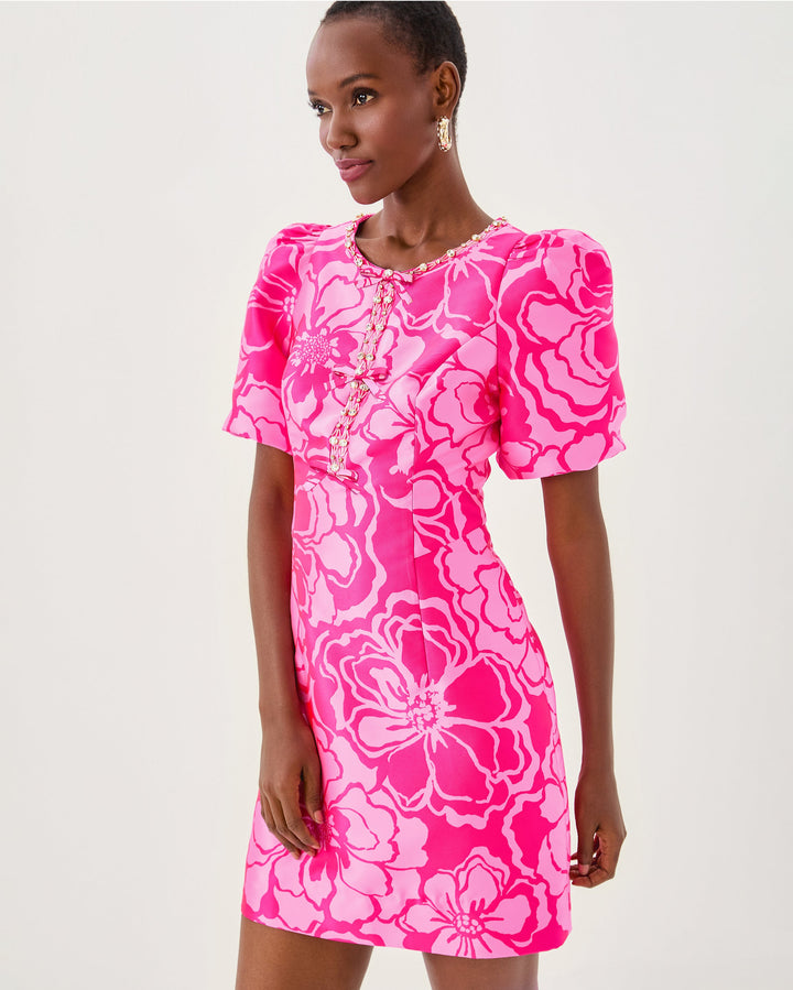 Britnee Jacquard Shift Dress - Parigi Pink Go Big Satin Jacquard